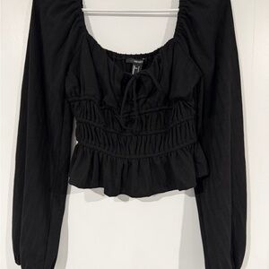 Forever 21 Black Smocked Peplum Long-Sleeve Crop Top